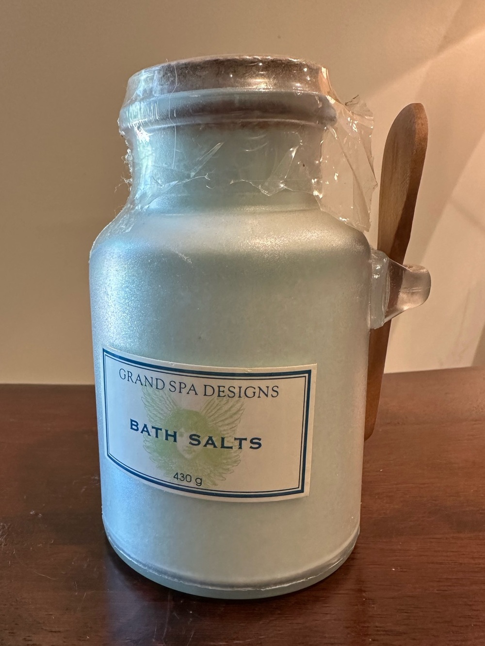 Grand Spa Designs • bath salts • brand new • reusable bottle • wooden spoon